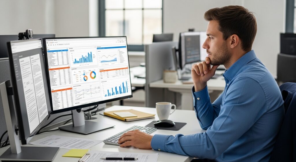 Analyst reviewing reports on computer