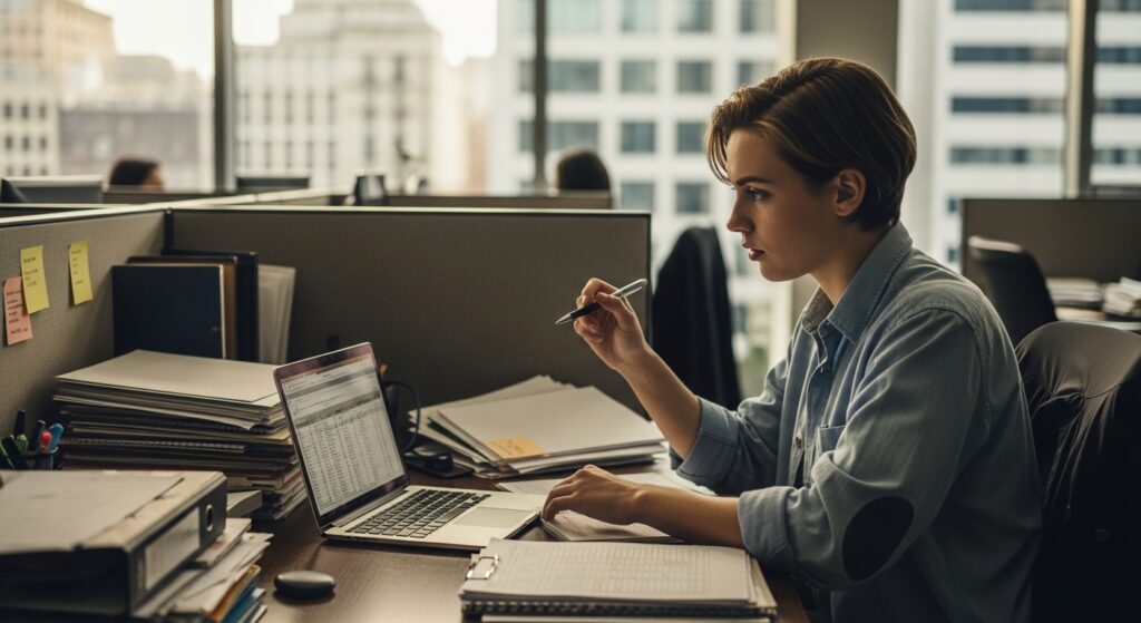 Intern working at desk with papers