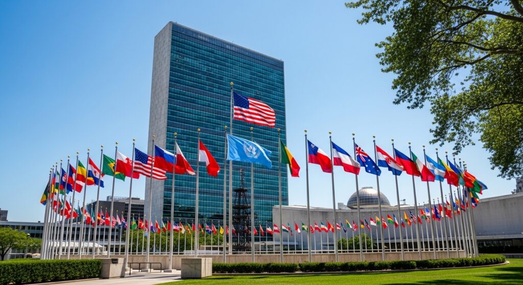 UN building and flags