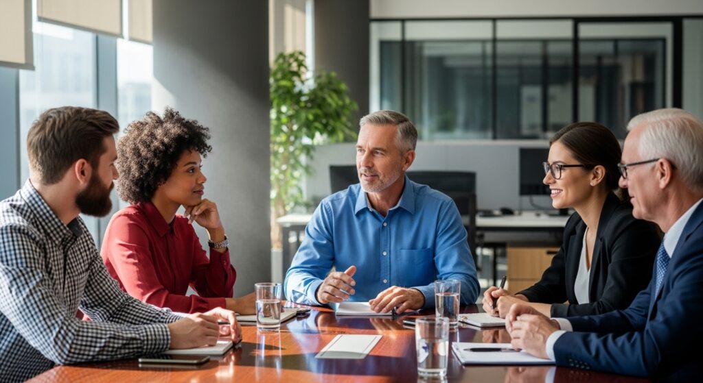 group of people talking respectfully in discussion