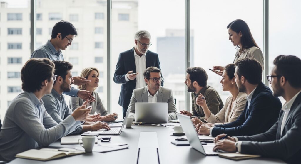 office team discussion with diverse staff