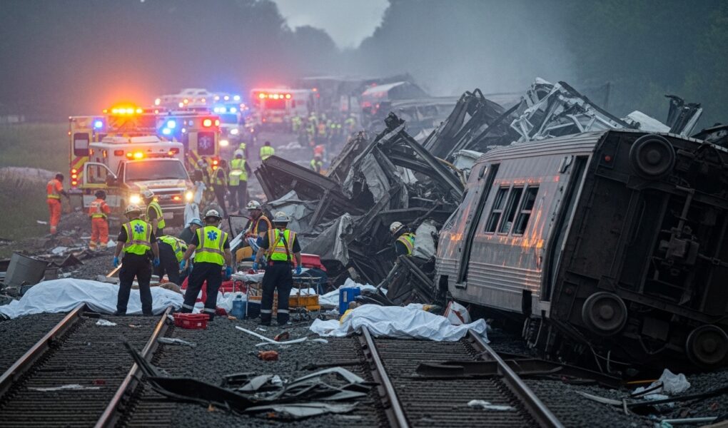 Train accident scene with emergency response team on railway tracks