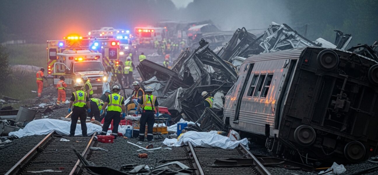 Train accident scene with emergency response team on railway tracks