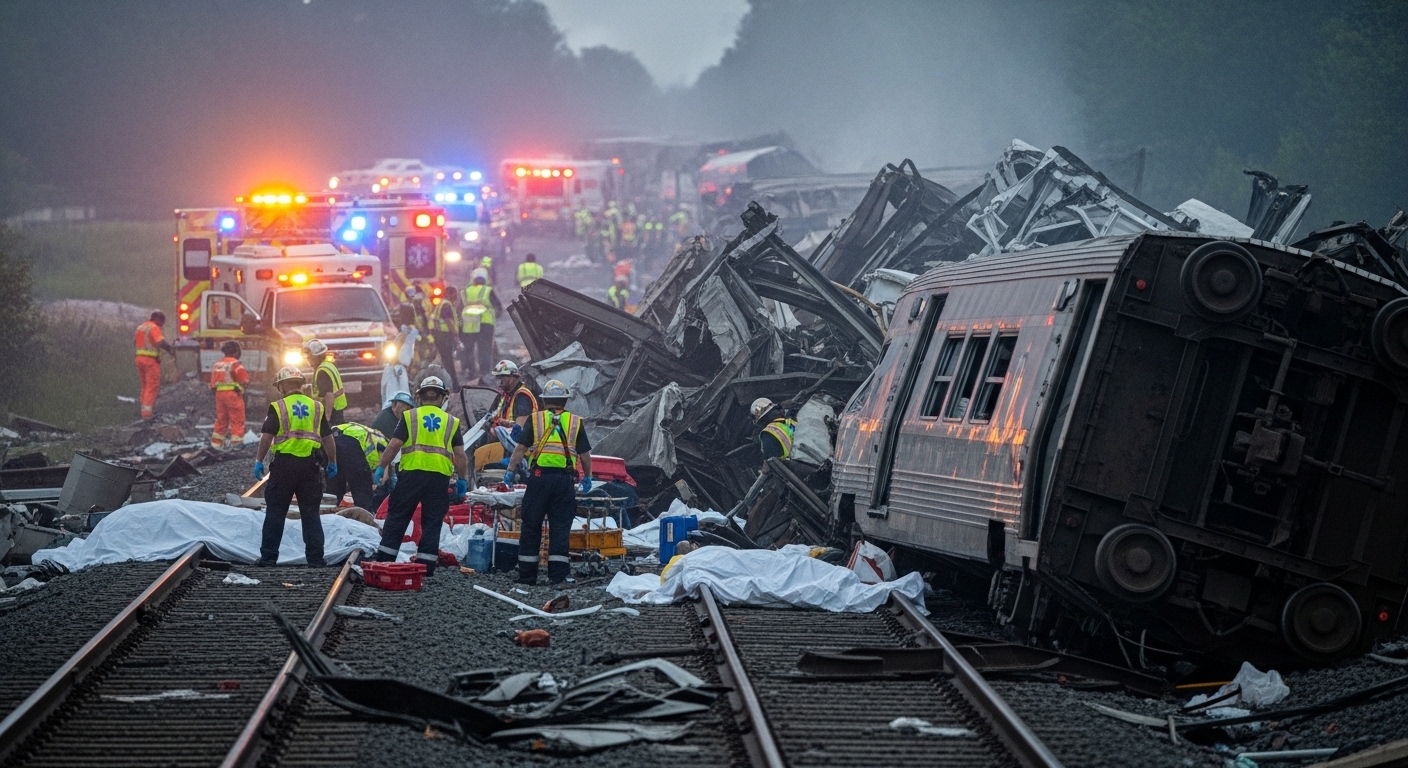 Train accident scene with emergency response team on railway tracks